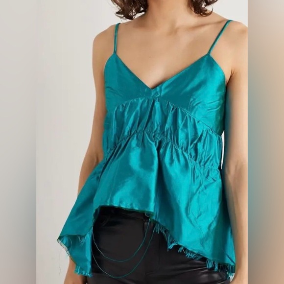 NWT MARQUES' ALMEIDAGathered Frayed Silk-Dupioni Camisole in Turquoise - XS